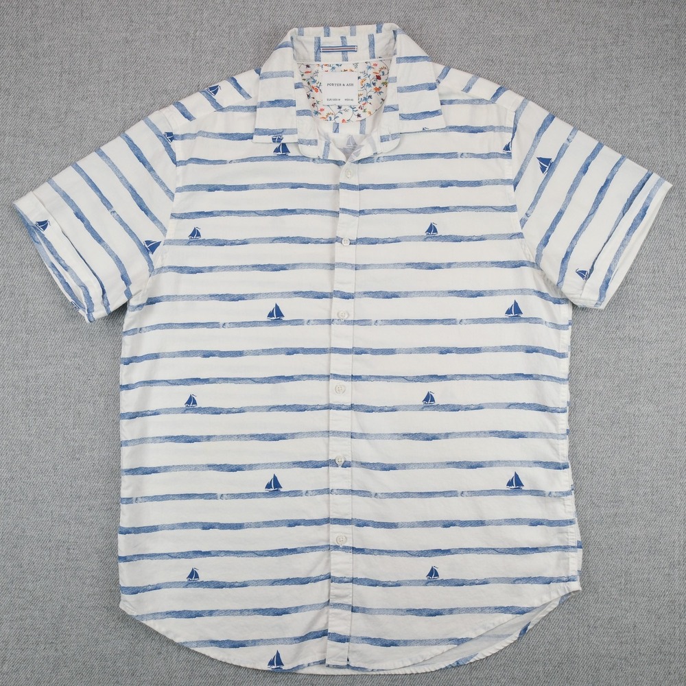 Porter & Ash Shirt Mens Medium White Striped Button Up Cotton Nautical Preppy